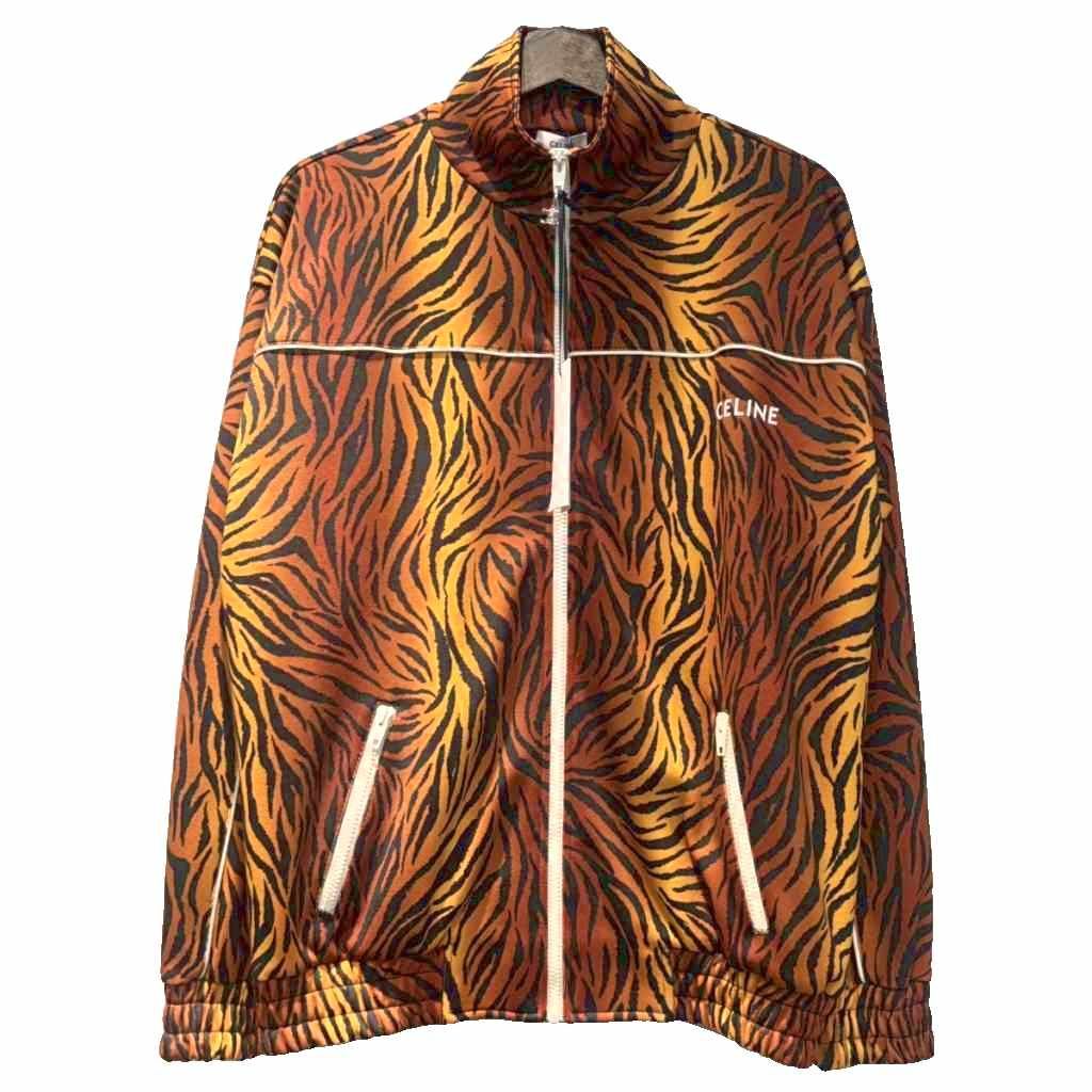 Celine Tiger Zip Up Track Jacket Zip UP Sweatshirt Animal Pattern XS Brown