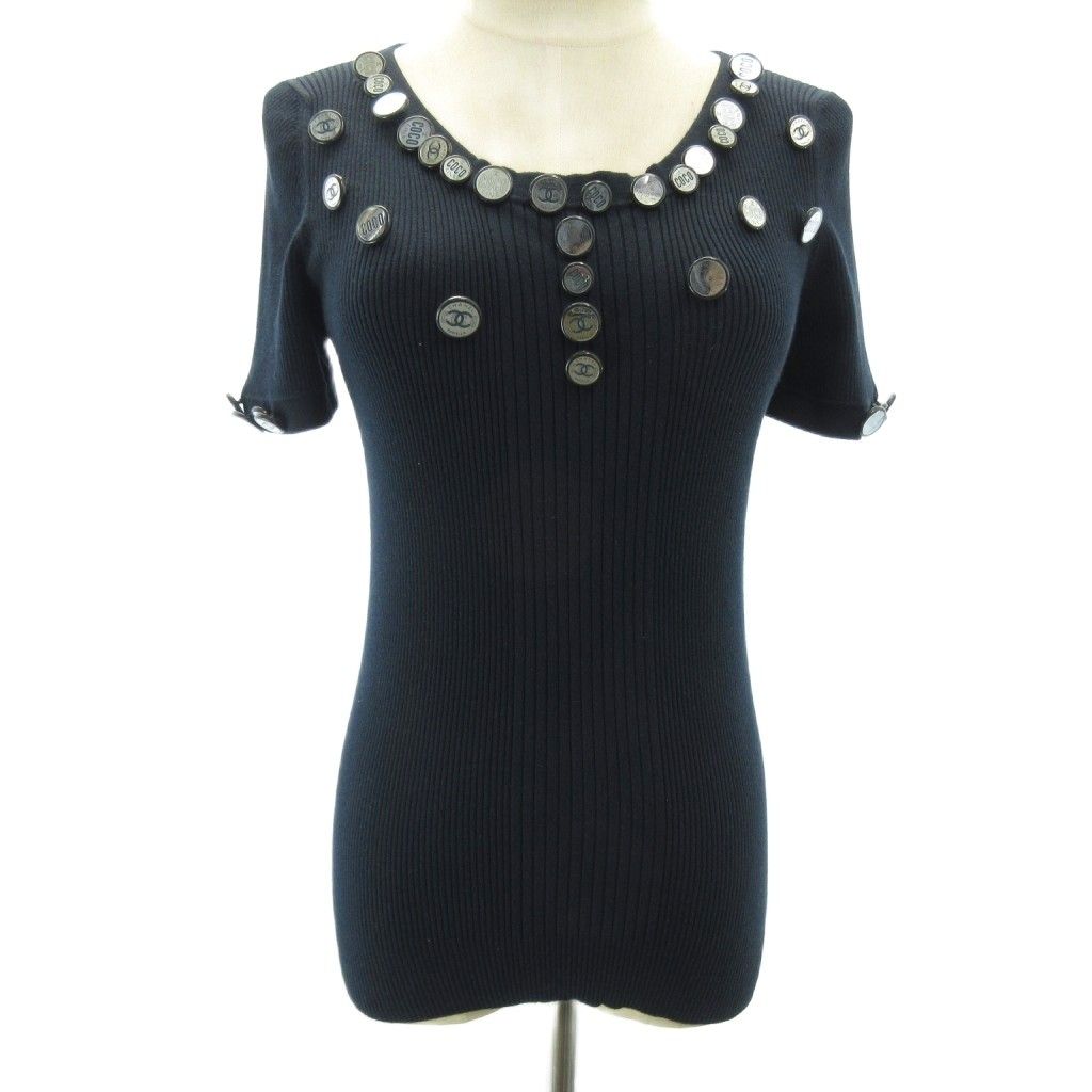 Chanel 08c Cropped T Coco Button Knit Sweater Navy Blue 42 LL — view 4