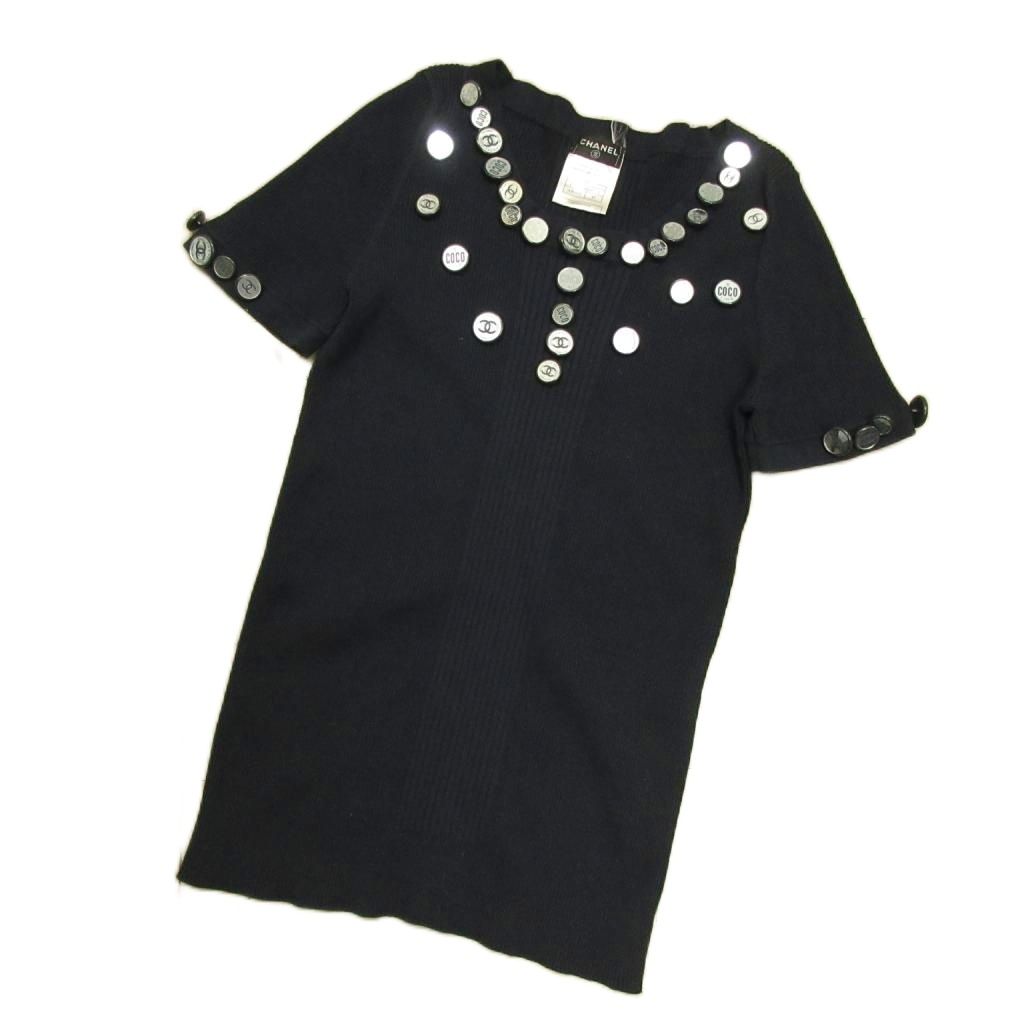 Chanel 08c Cropped T Coco Button Knit Sweater Navy Blue 42 LL