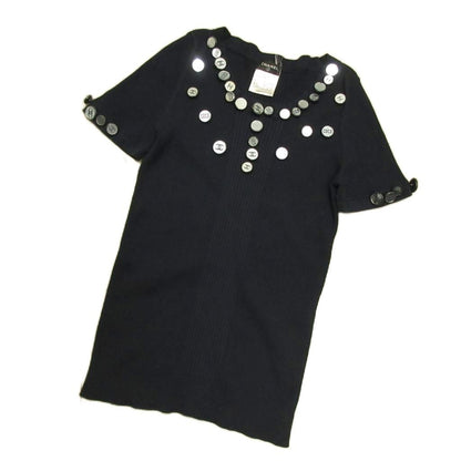 Chanel 08c Cropped T Coco Button Knit Sweater Navy Blue 42 LL
