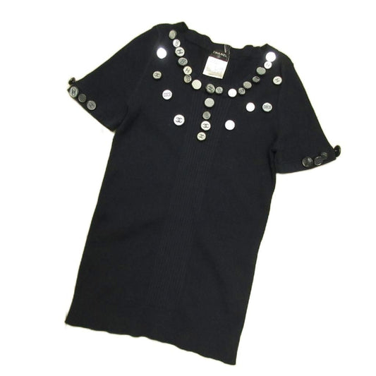 Chanel 08c Cropped T Coco Button Knit Sweater Navy Blue 42 LL