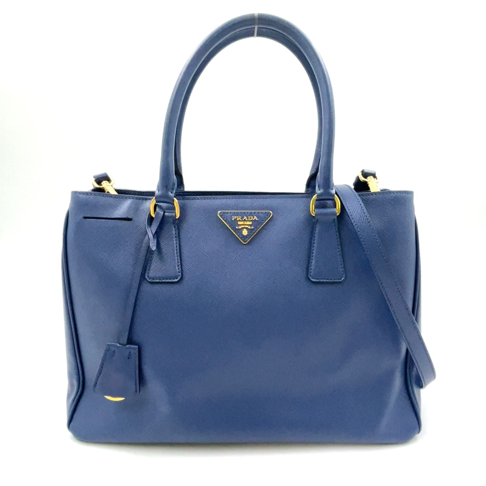 Prada Galleria 2-Way Shoulder Leather Blue Handbag Gold