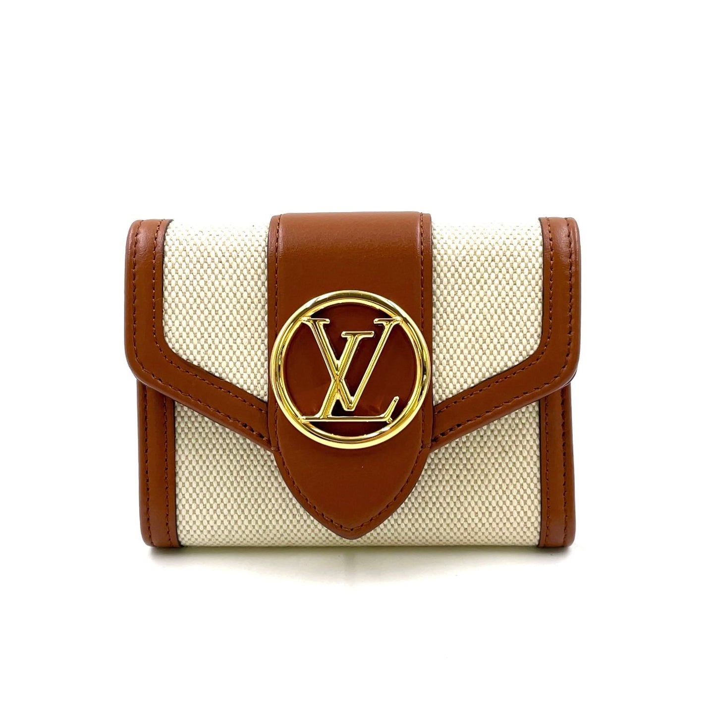 Louis Vuitton Portefeuille LV Pont Neuf Compact Leather Canvas Brown Beige
