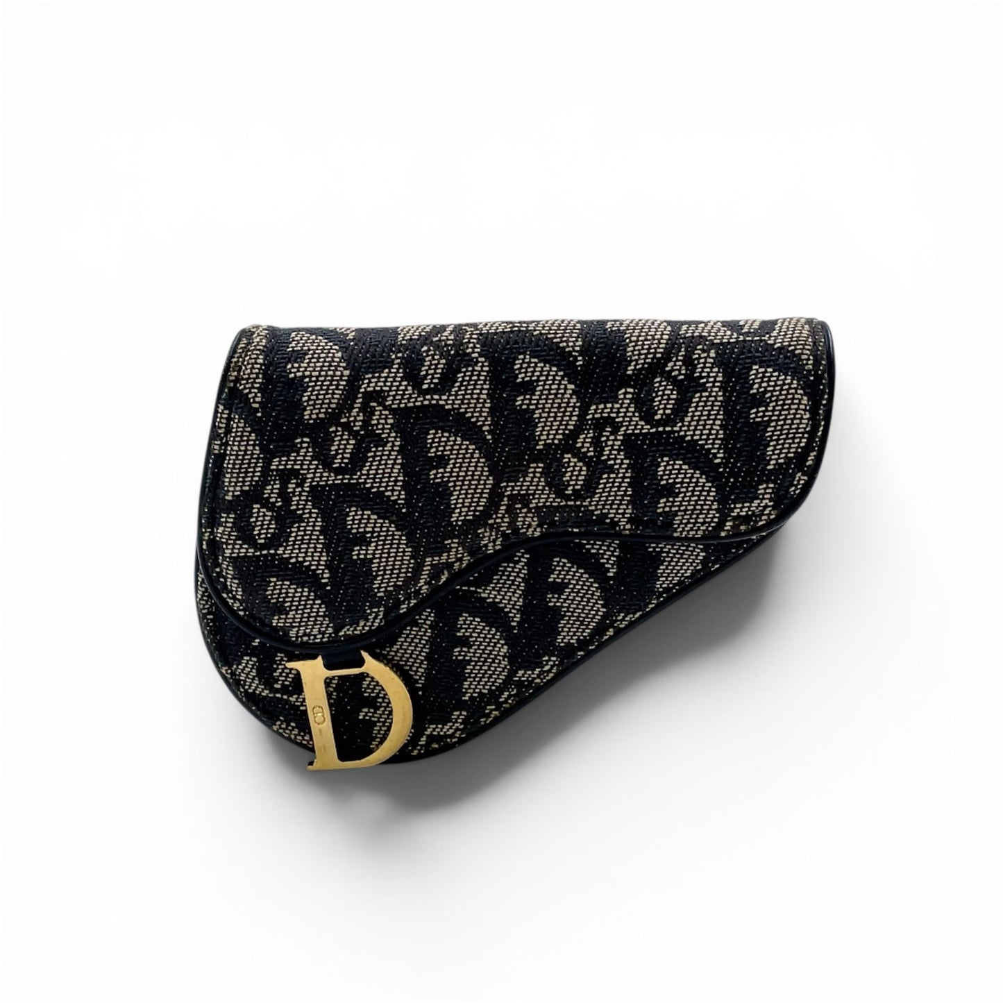 Dior Trotter Saddle Pouch Leather Canvas Navy Coin Case Gold