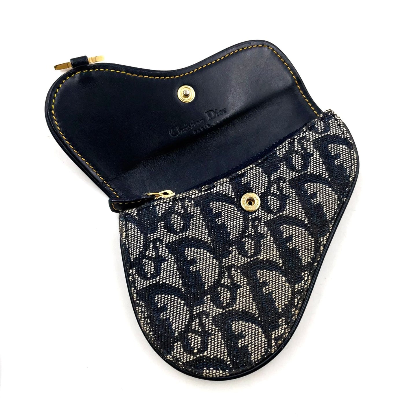 Dior Trotter Saddle Pouch Leather Canvas Navy Coin Case Gold — view 3