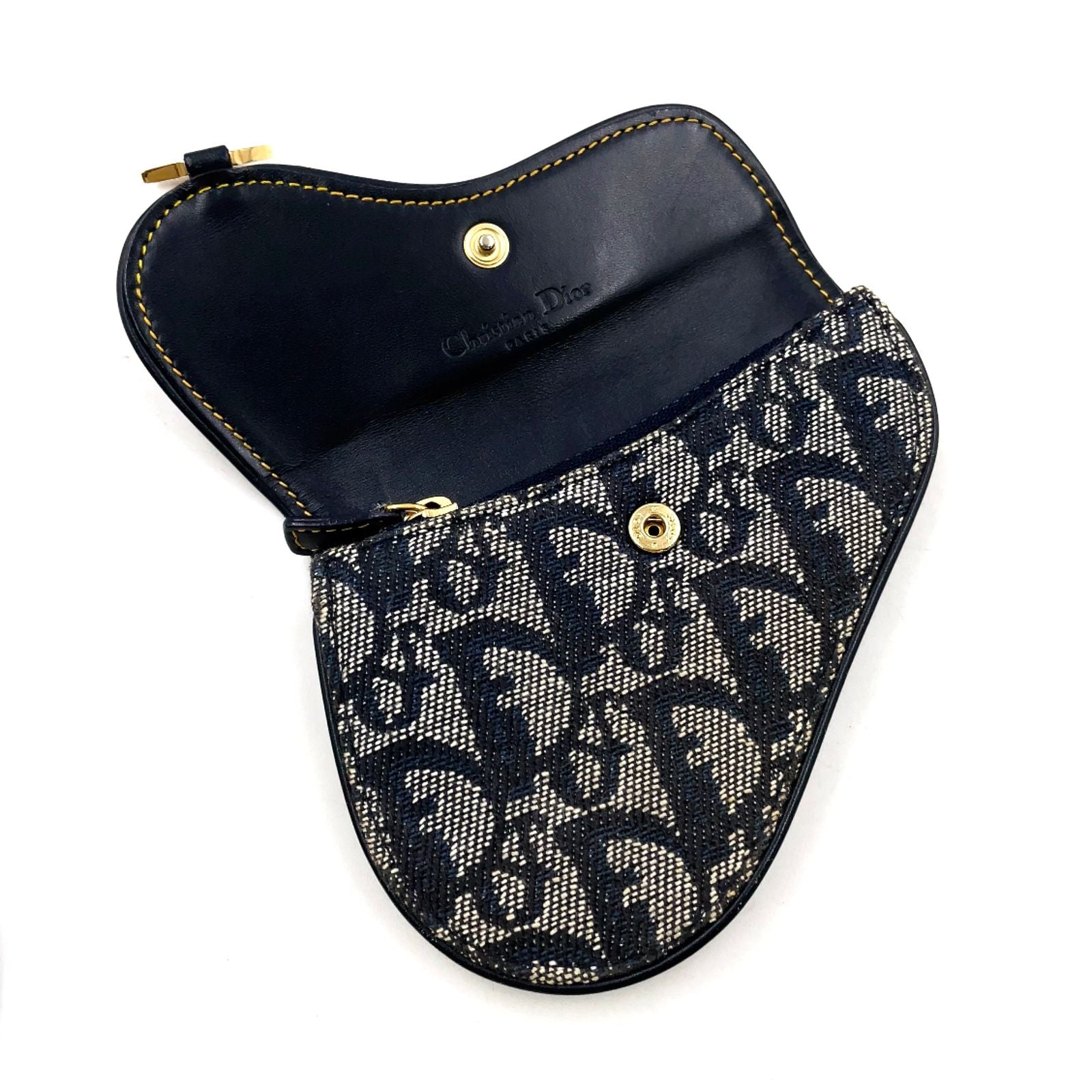 Dior Trotter Saddle Pouch Leather Canvas Navy Coin Case Gold — view 3