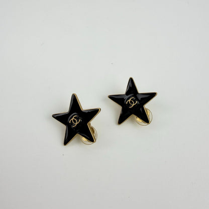 Chanel CC Logo Star Motif Earrings Black Gold Vintage