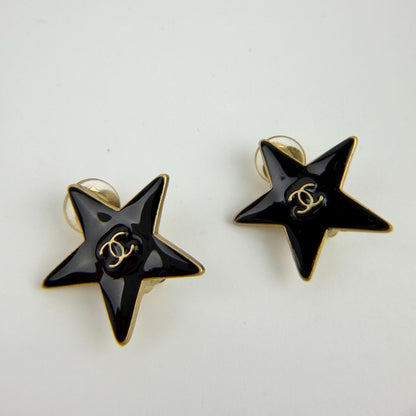 Chanel CC Logo Star Motif Earrings Black Gold Vintage — view 4
