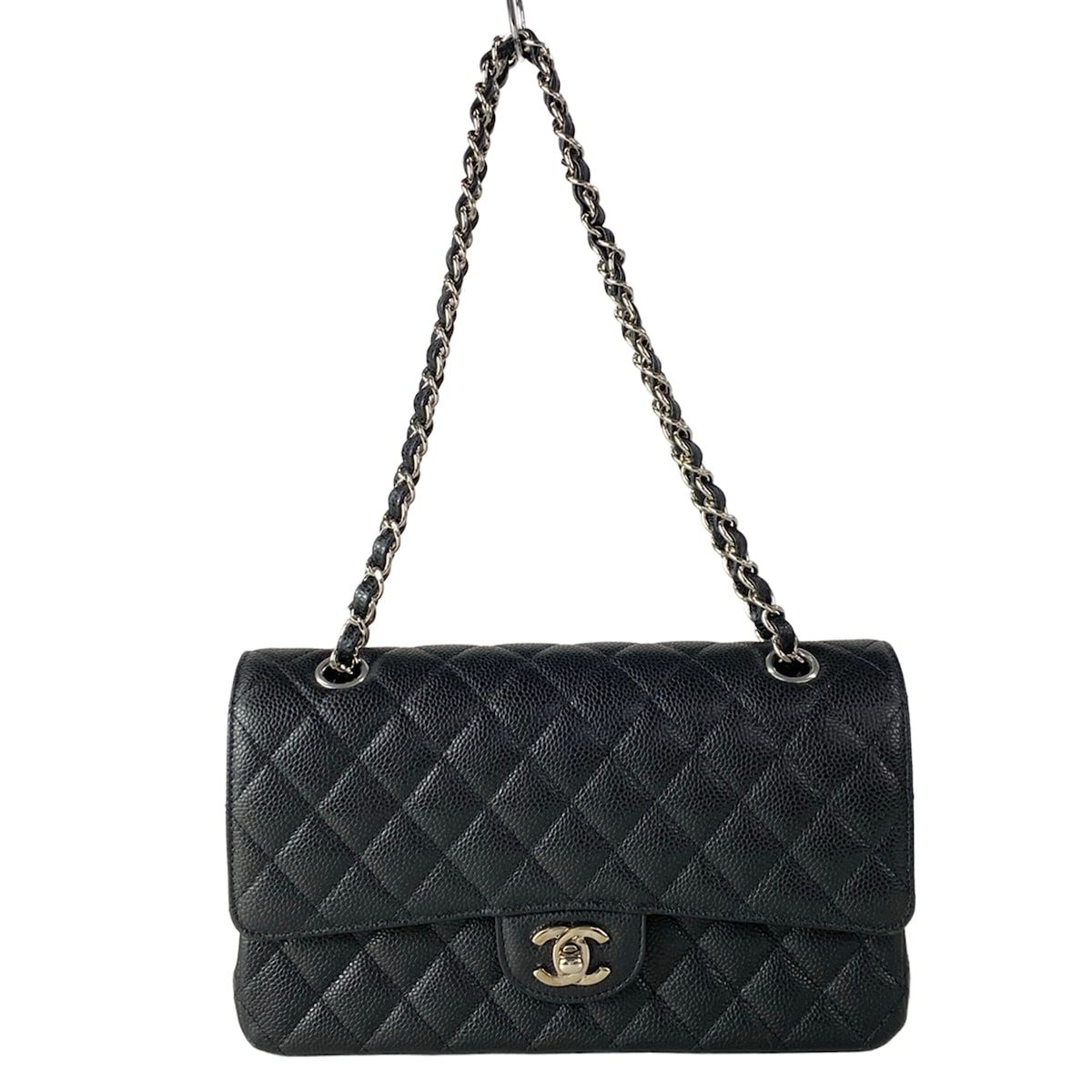 Chanel Shoulder Bag Double Flap Quilted Black Chain Silver