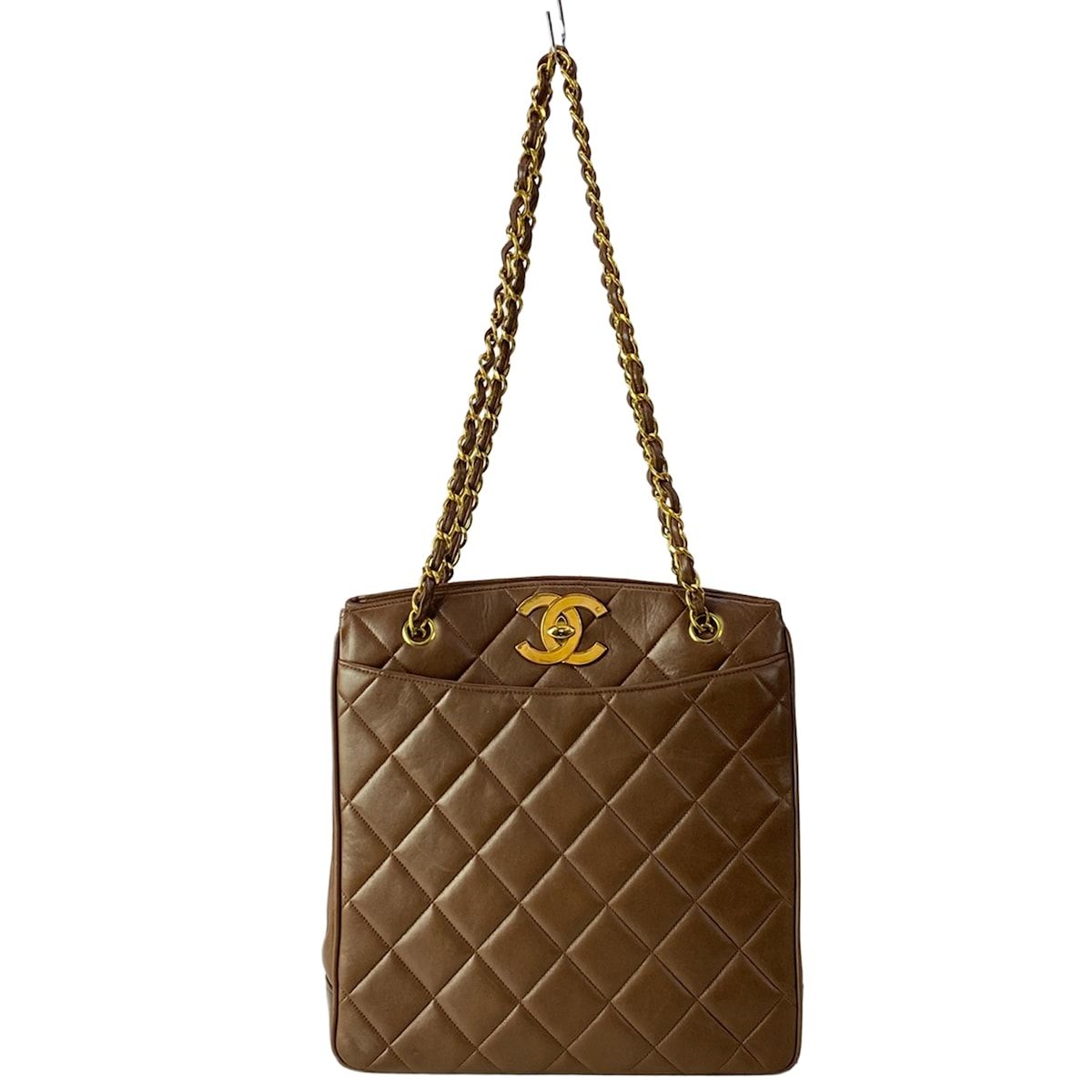 Chanel Shoulder Bag Dark Brown Jumbo CC Logo Gold Chain Lambskin