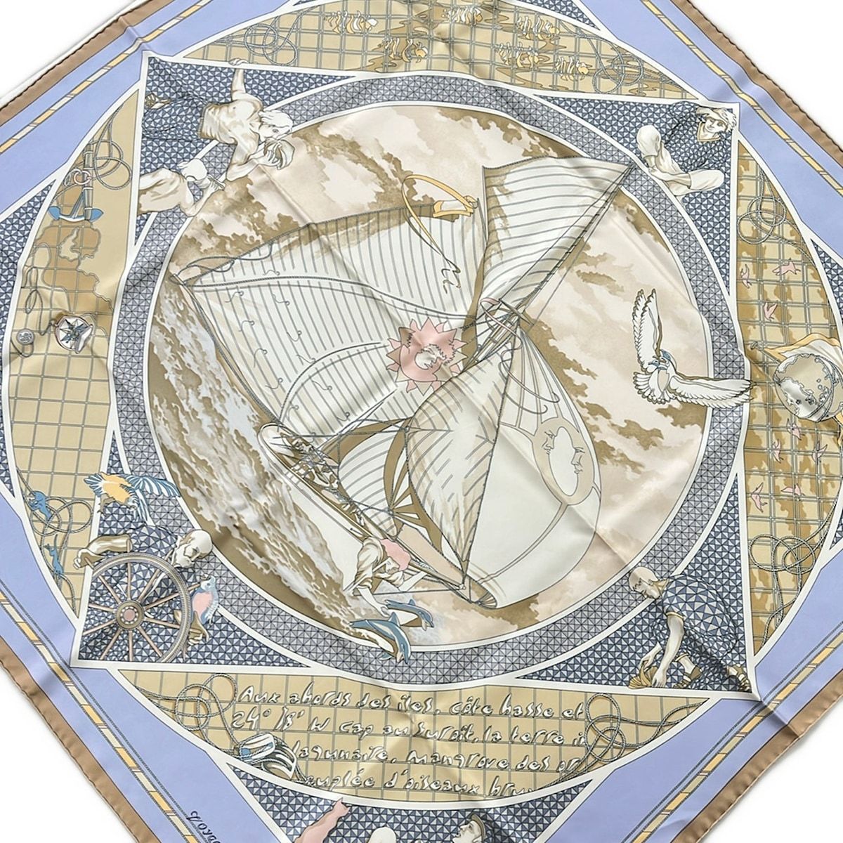 Hermes Scarf Carre 90 Beige Light Blue Multi Voyage Au Long Cours