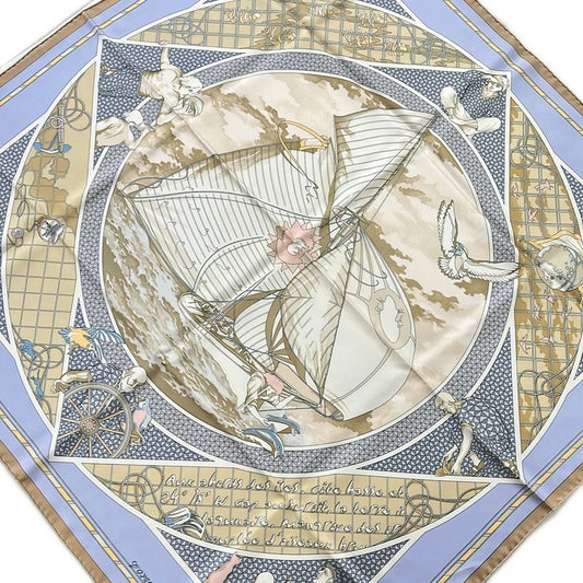 Hermes Scarf Carre 90 Beige Light Blue Multi Voyage Au Long Cours