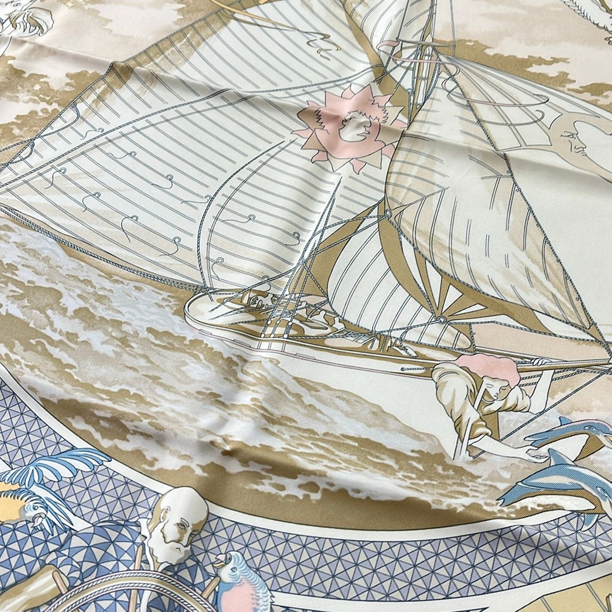 Hermes Scarf Carre 90 Beige Light Blue Multi Voyage Au Long Cours — view 4