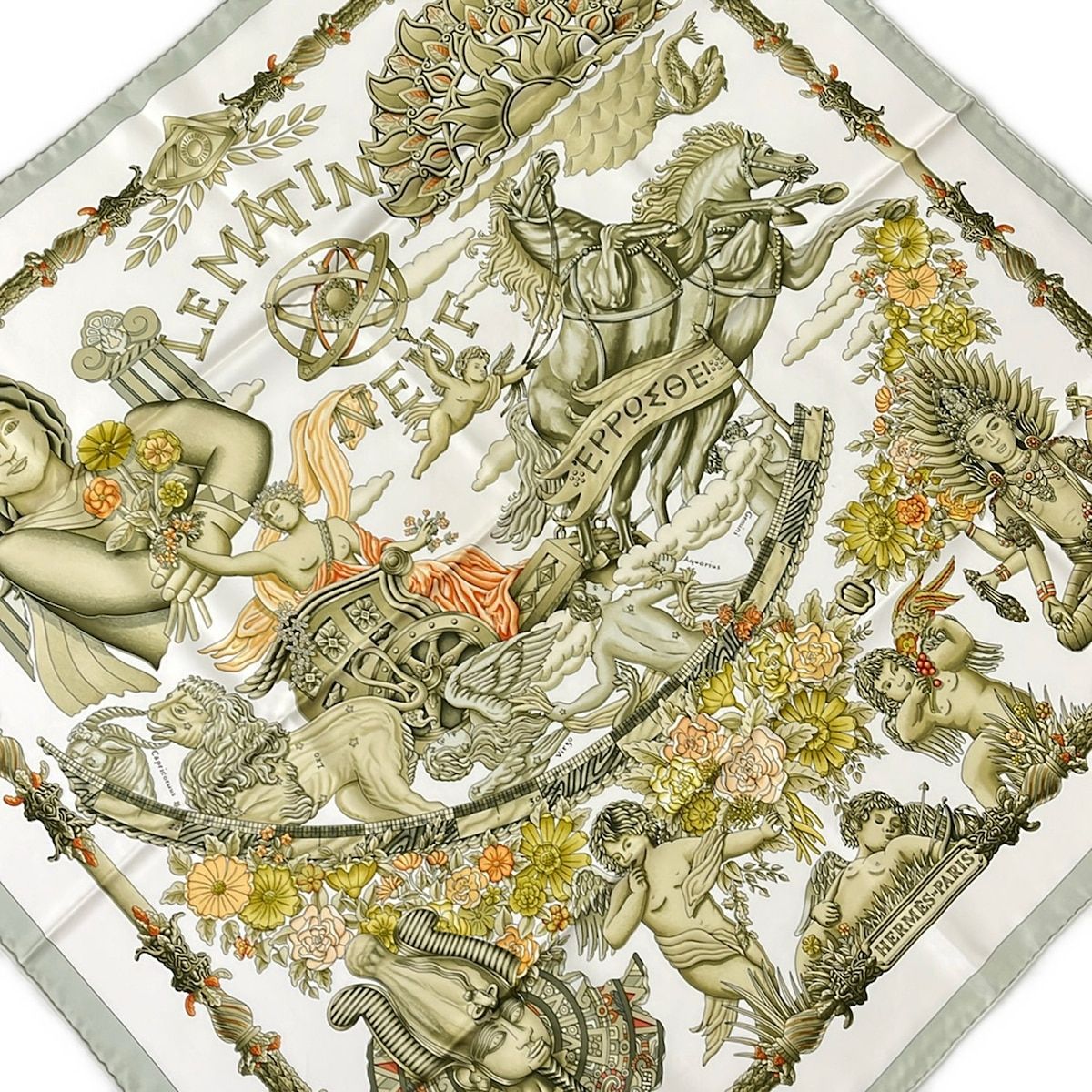 Hermes Scarf Carre 90 White Beige Multi le Matin Neuf
