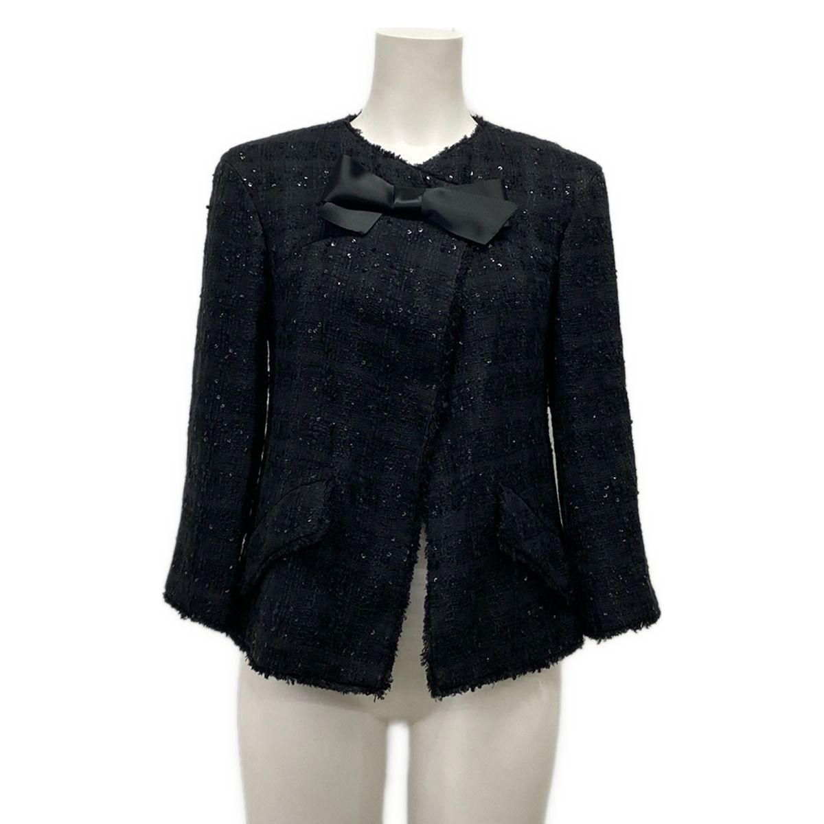 Chanel Jacket 36 S Black 3/4 Sleeve Tweed Sequin Ribbon Autumn Winter Cotton