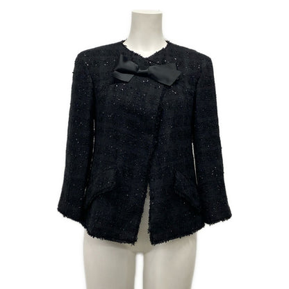 Chanel Jacket 36 S Black 3/4 Sleeve Tweed Sequin Ribbon Autumn Winter Cotton