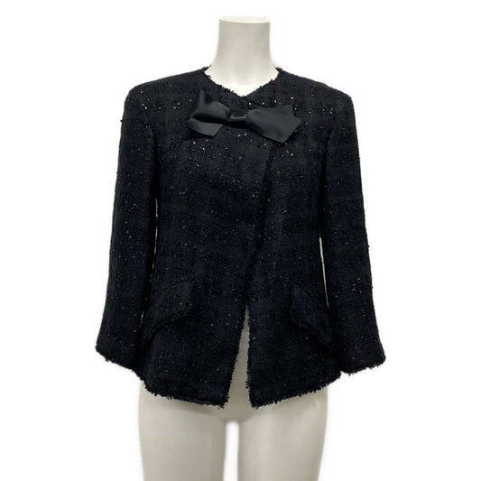 Chanel Jacket 36 S Black 3/4 Sleeve Tweed Sequin Ribbon Autumn Winter Cotton