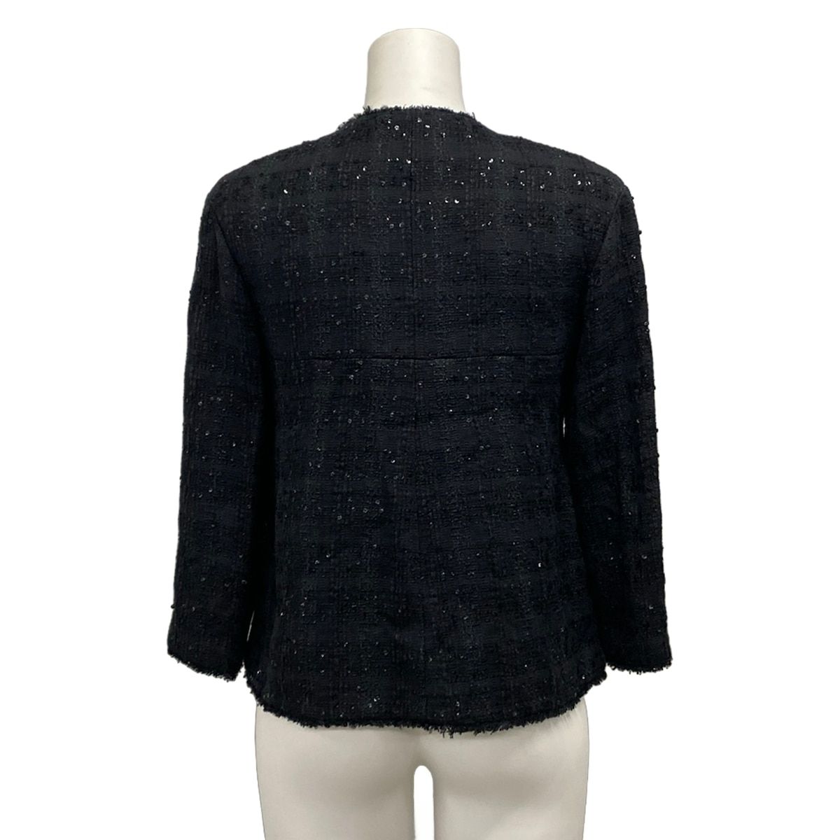 Chanel Jacket 36 S Black 3/4 Sleeve Tweed Sequin Ribbon Autumn Winter Cotton — view 2