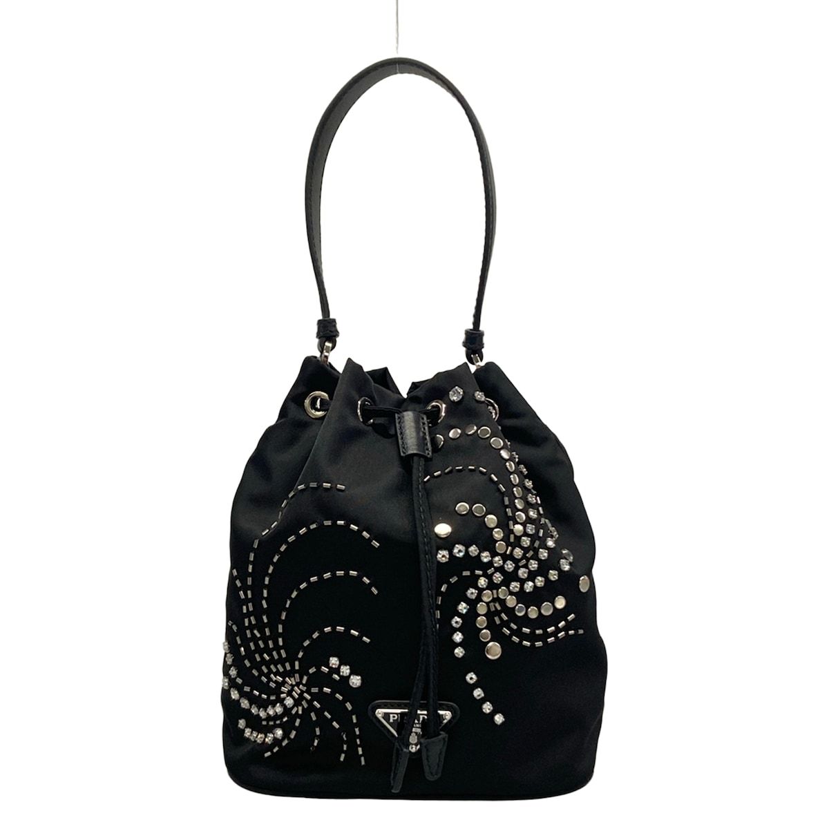 Prada Handbag Black Drawstring Line Stone Beads Studs Re-Nylon Leather