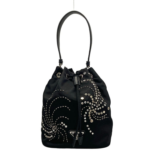 Prada Handbag Black Drawstring Line Stone Beads Studs Re-Nylon Leather