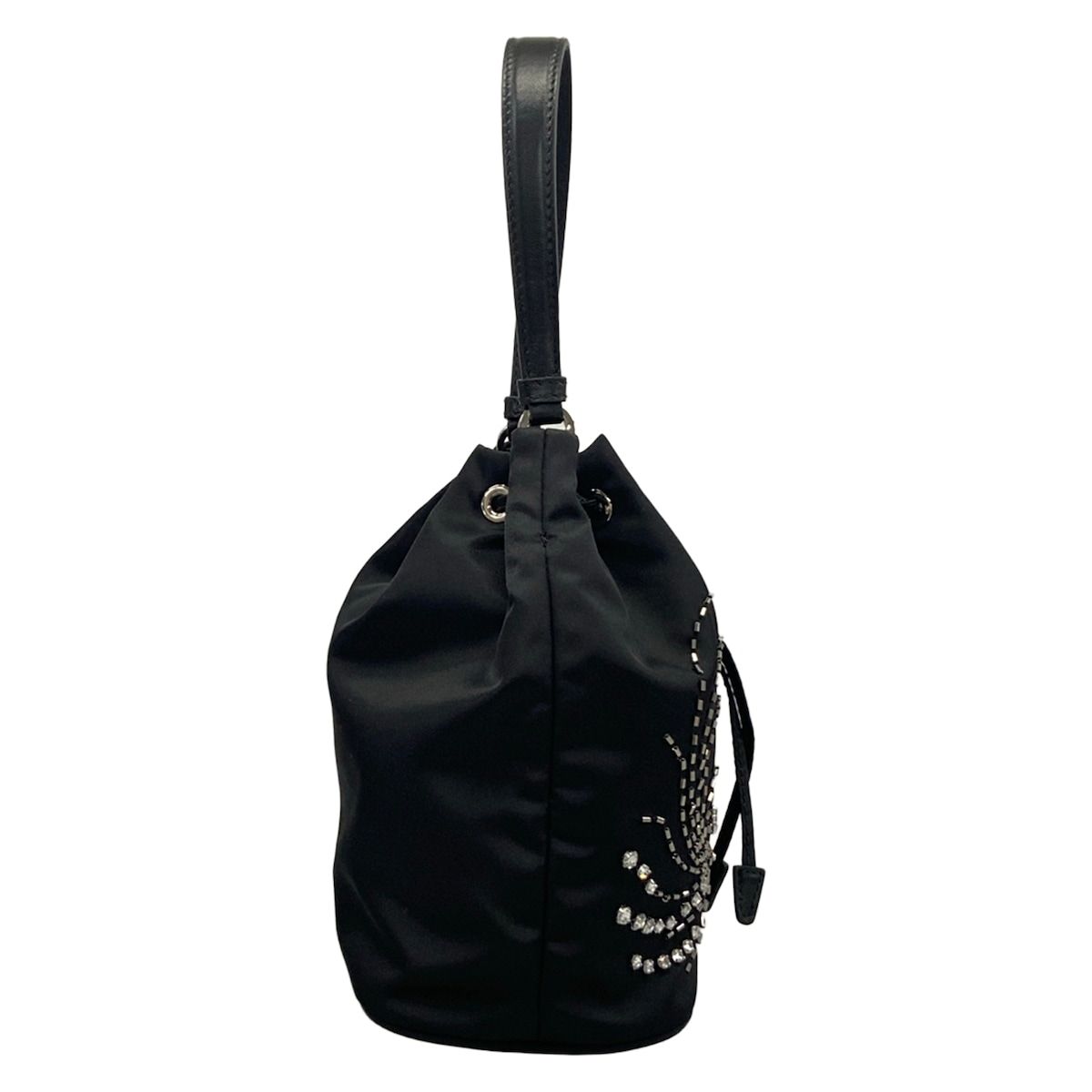 Prada Handbag Black Drawstring Line Stone Beads Studs Re-Nylon Leather — view 2
