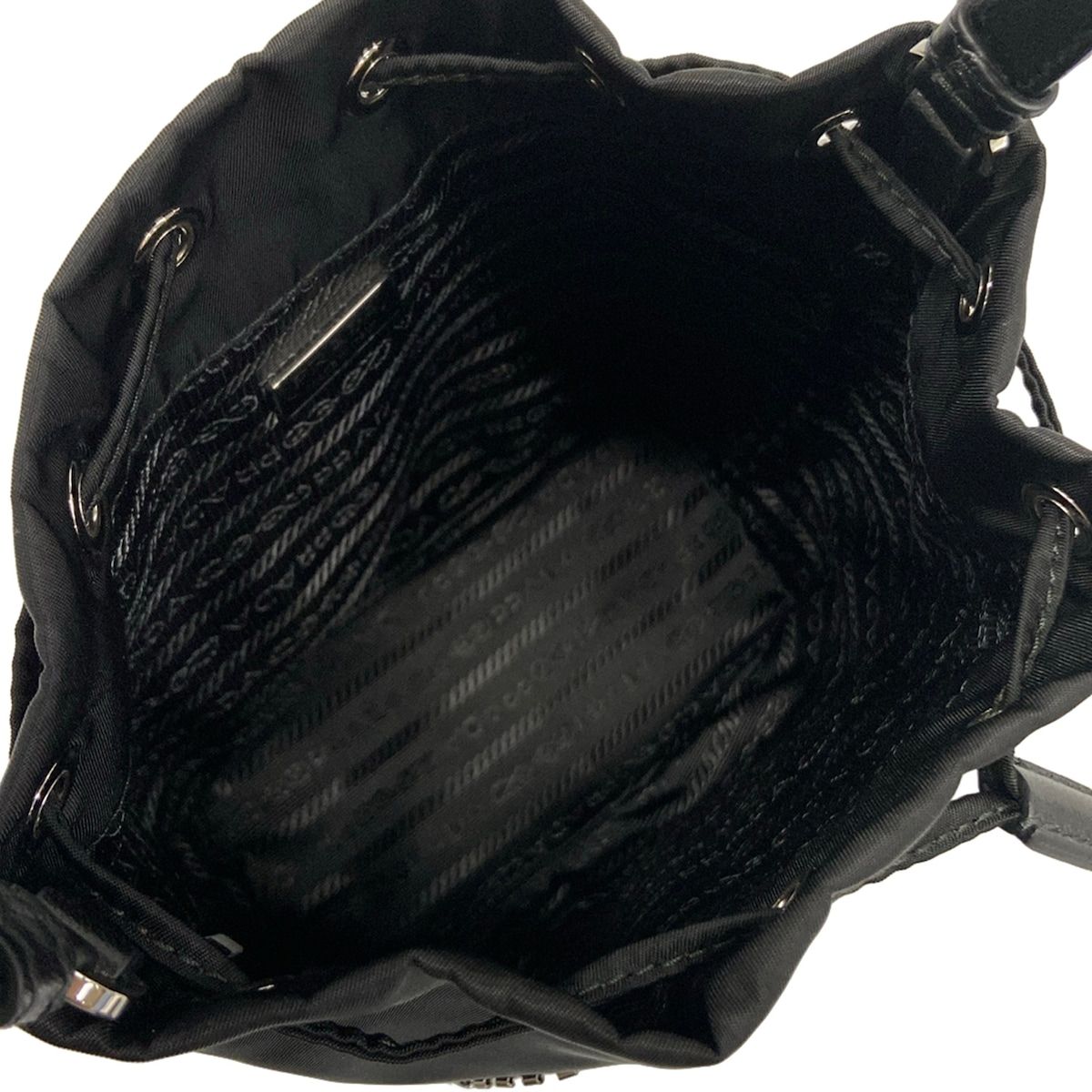 Prada Handbag Black Drawstring Line Stone Beads Studs Re-Nylon Leather — view 7