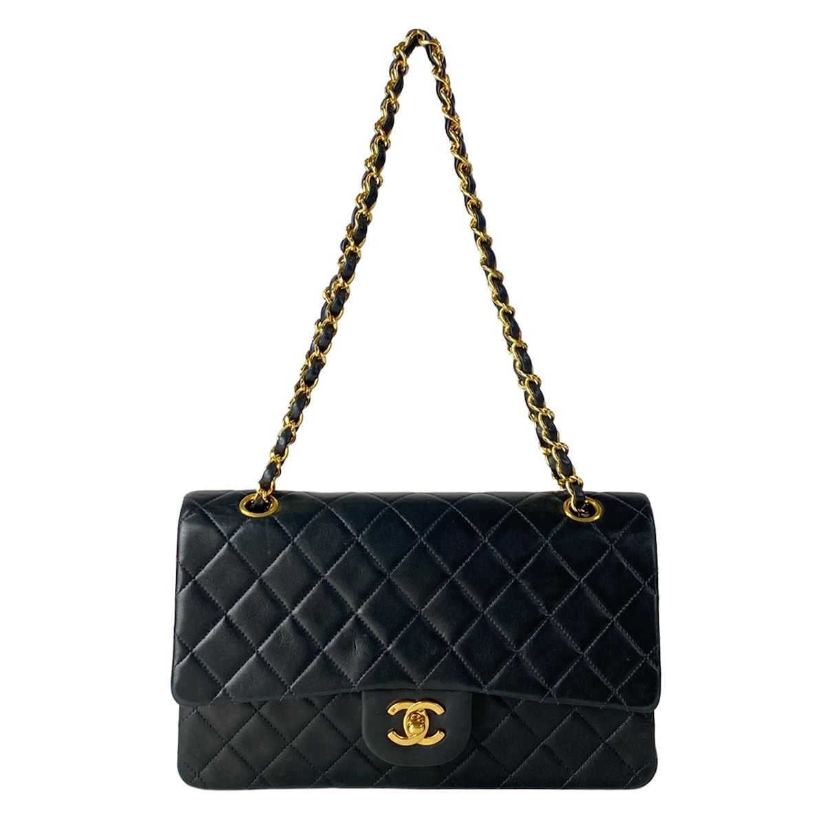 Chanel Shoulder Bag Double Flap Quilted Black Chain Gold Lambskin