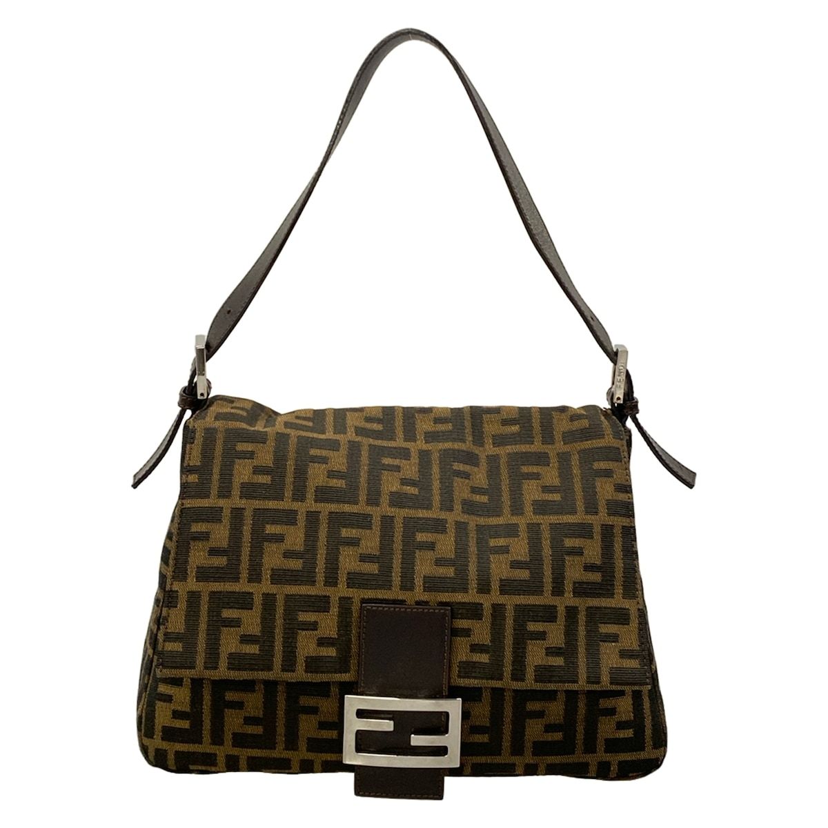 Fendi Shoulder Bag Mamma Bucket Zucca Pattern Brown Black Dark Leather