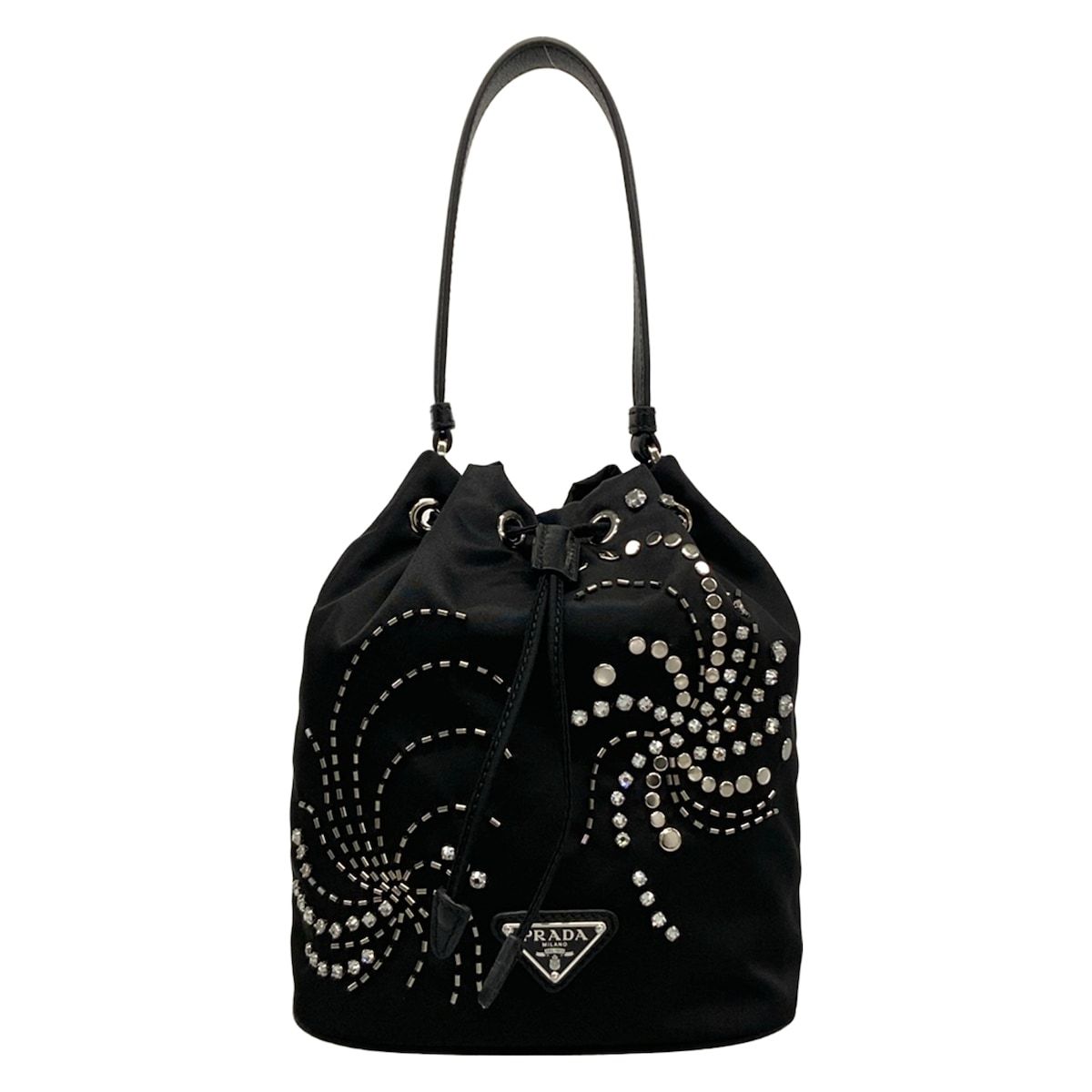 Prada Black Drawstring Studs Re-Nylon Mini Bag Line Stone Beads