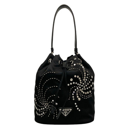 Prada Black Drawstring Studs Re-Nylon Mini Bag Line Stone Beads