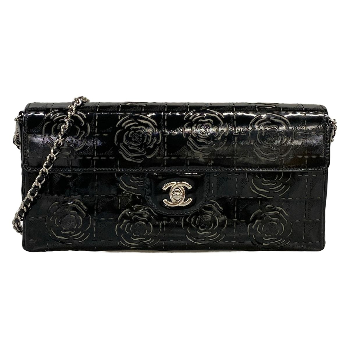 Chanel Shoulder Bag Camelliachocolate Black Flap Chain Silver Cutwork Leather