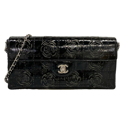 Chanel Shoulder Bag Camelliachocolate Black Flap Chain Silver Cutwork Leather