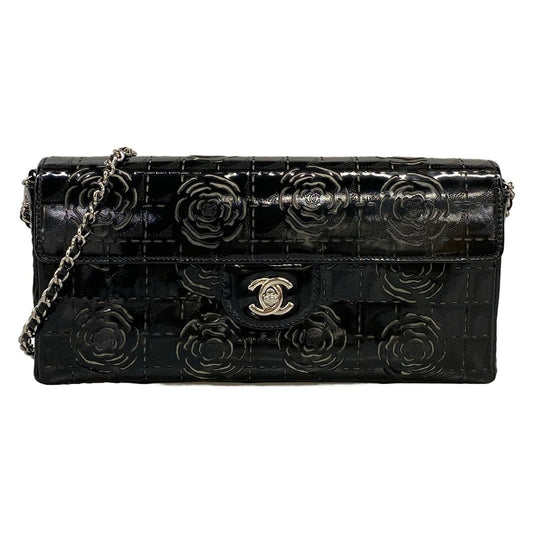 Chanel Shoulder Bag Camelliachocolate Black Flap Chain Silver Cutwork Leather