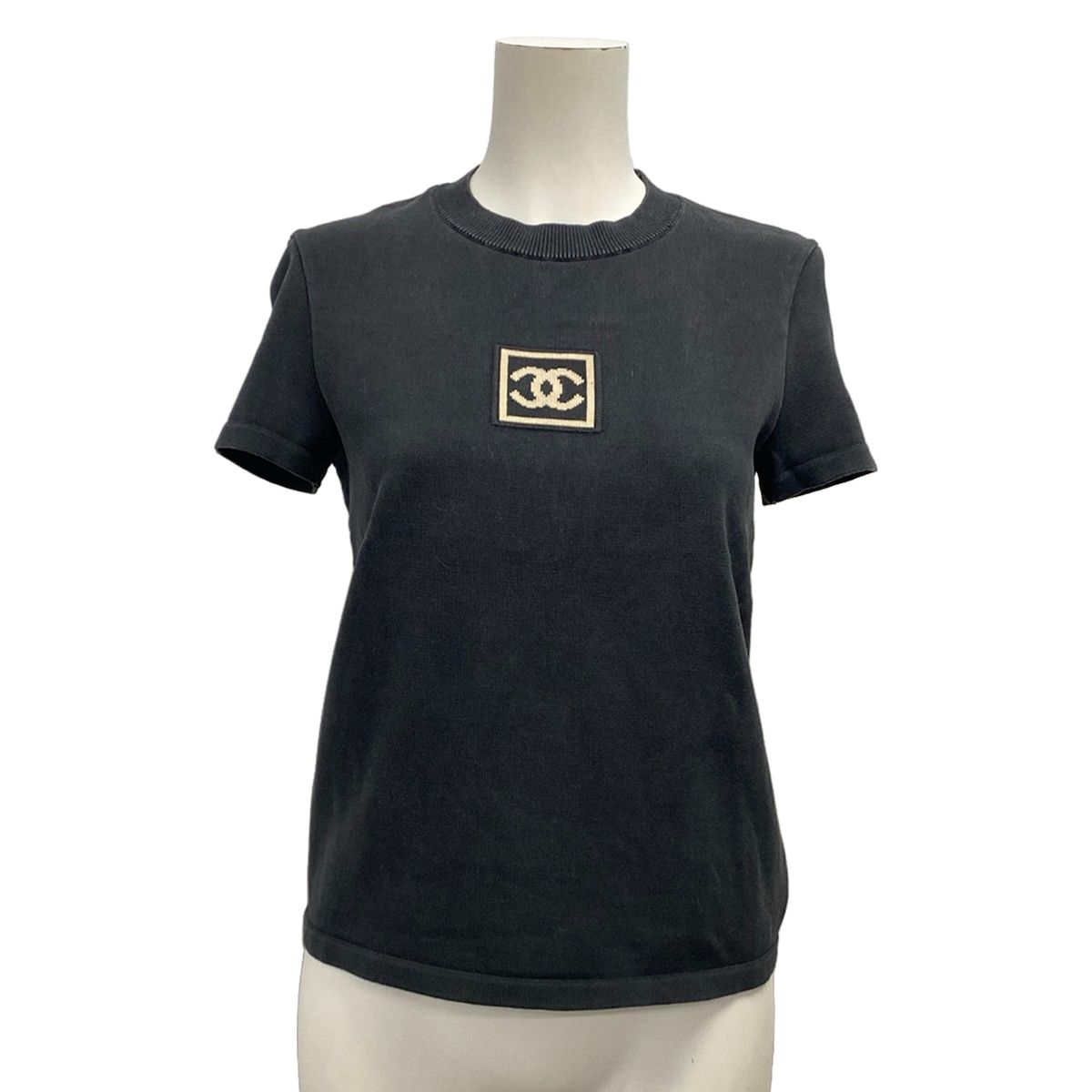 Chanel Short Sleeve Top 40 M Black Ivory Crew Neck Knit Sports Line CC Logo
