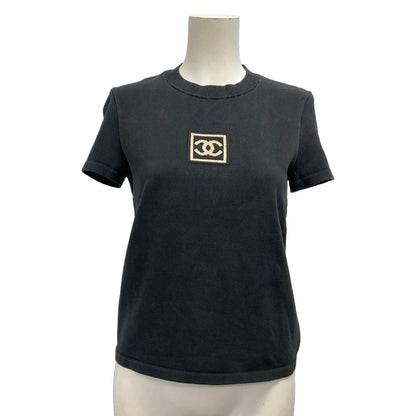 Chanel Short Sleeve Top 40 M Black Ivory Crew Neck Knit Sports Line CC Logo