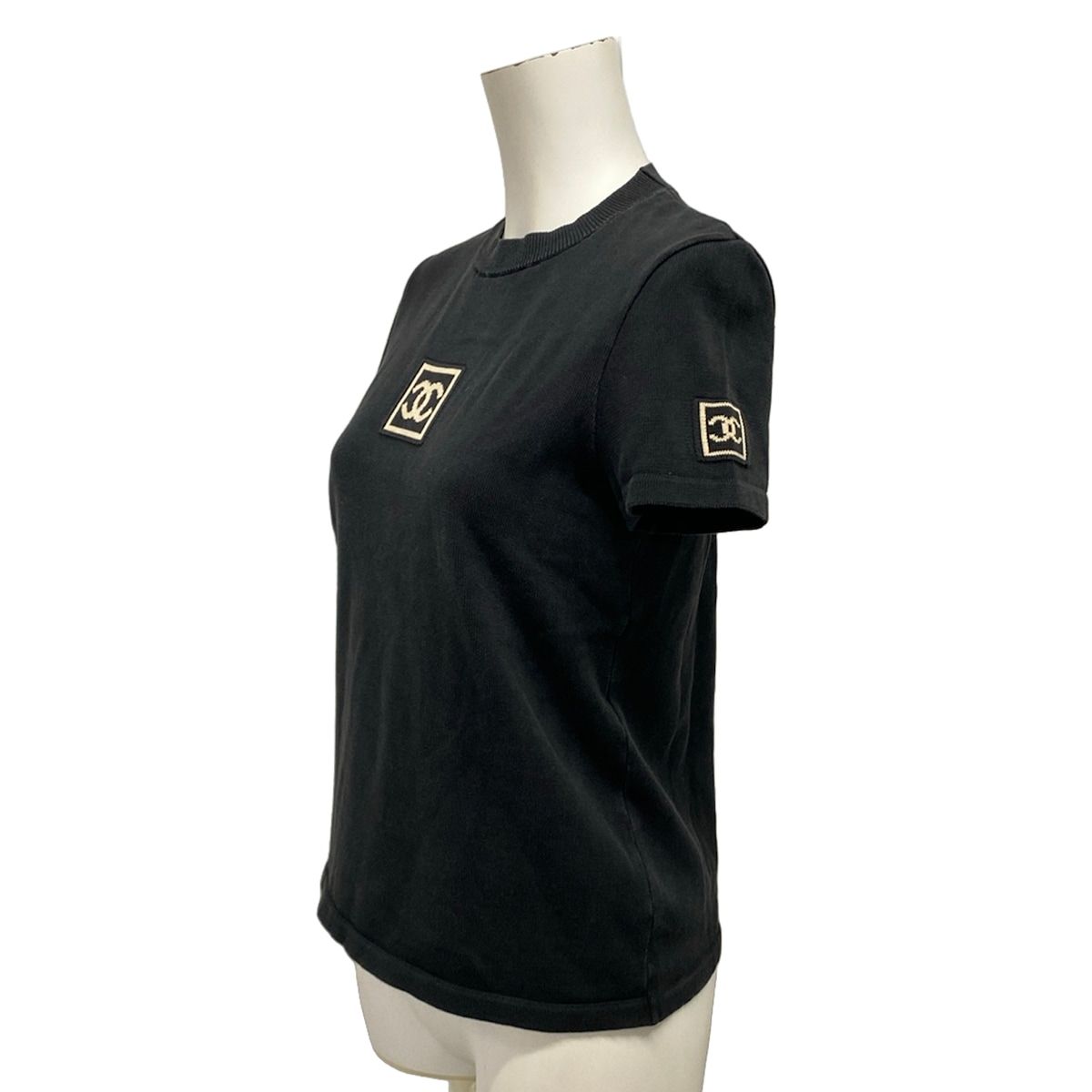 Chanel Short Sleeve Top 40 M Black Ivory Crew Neck Knit Sports Line CC Logo — view 9