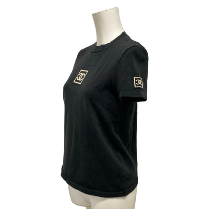 Chanel Short Sleeve Top 40 M Black Ivory Crew Neck Knit Sports Line CC Logo — view 9