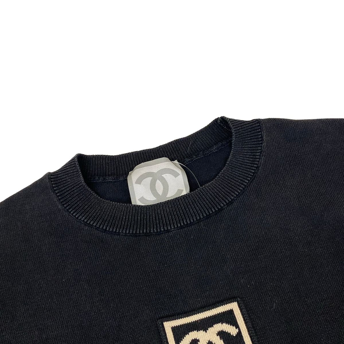 Chanel Short Sleeve Top 40 M Black Ivory Crew Neck Knit Sports Line CC Logo — view 8