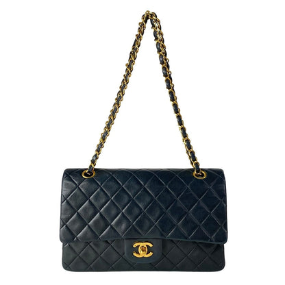 Chanel Shoulder Bag Double Flap Quilted Black Chain Gold Lambskin