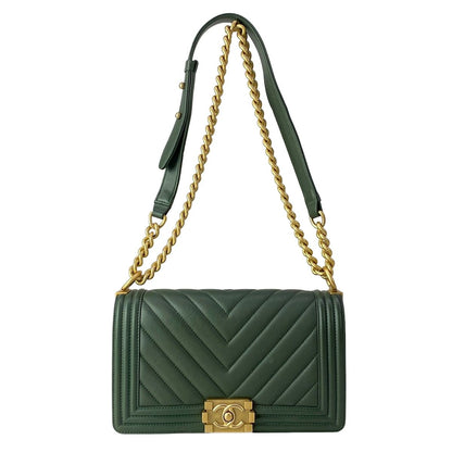 Chanel Shoulder Bag Quilted Dark Green Vintage Gold Chain Leather