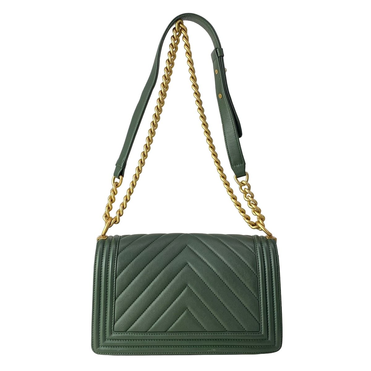 Chanel Shoulder Bag Quilted Dark Green Vintage Gold Chain Leather — view 3