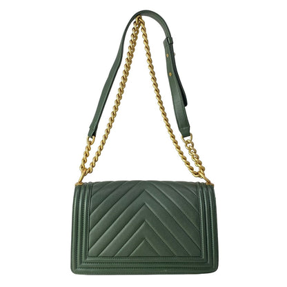 Chanel Shoulder Bag Quilted Dark Green Vintage Gold Chain Leather — view 3