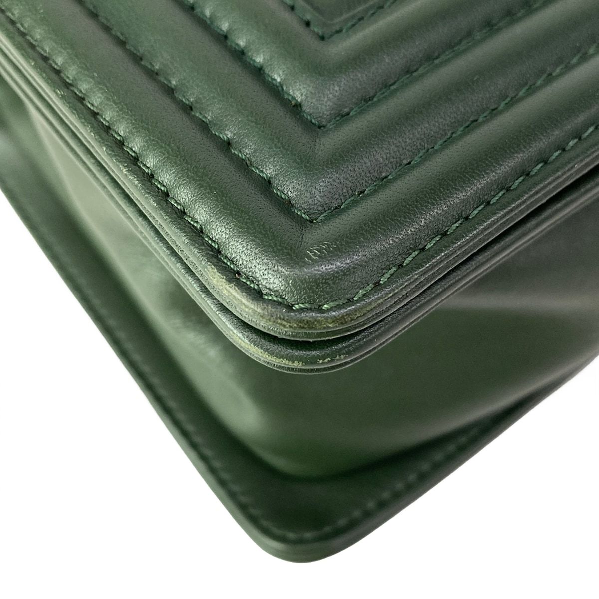 Chanel Shoulder Bag Quilted Dark Green Vintage Gold Chain Leather — view 6