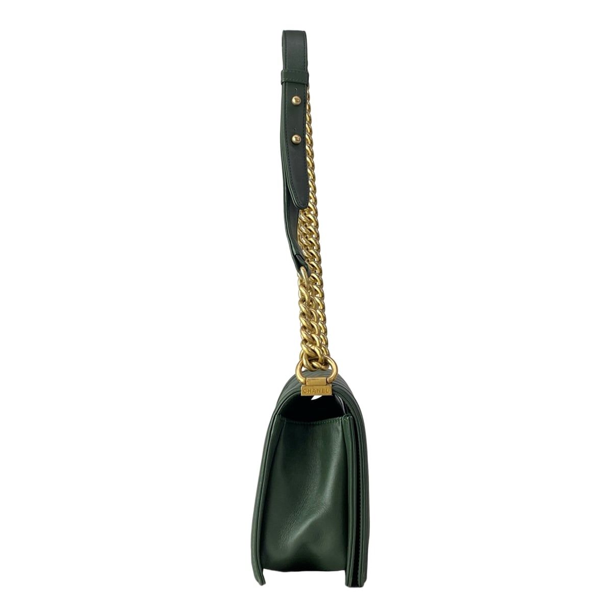 Chanel Shoulder Bag Quilted Dark Green Vintage Gold Chain Leather — view 2