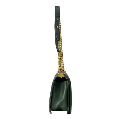 Chanel Shoulder Bag Quilted Dark Green Vintage Gold Chain Leather — view 2