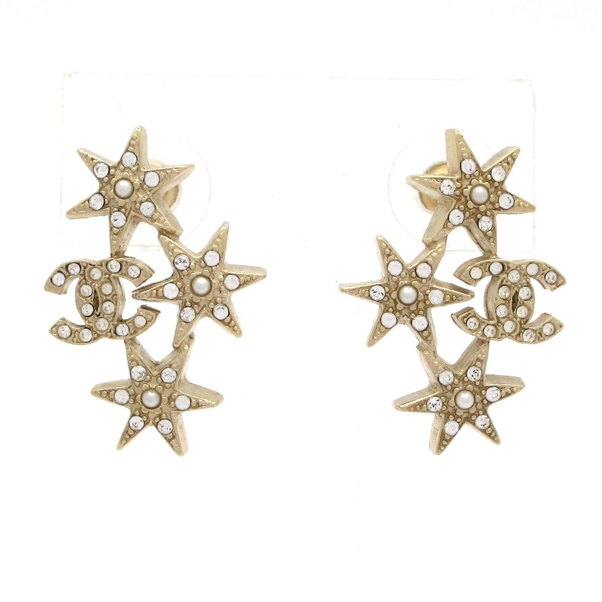 Chanel Earrings Gold Clear Ivory Star CC Logo