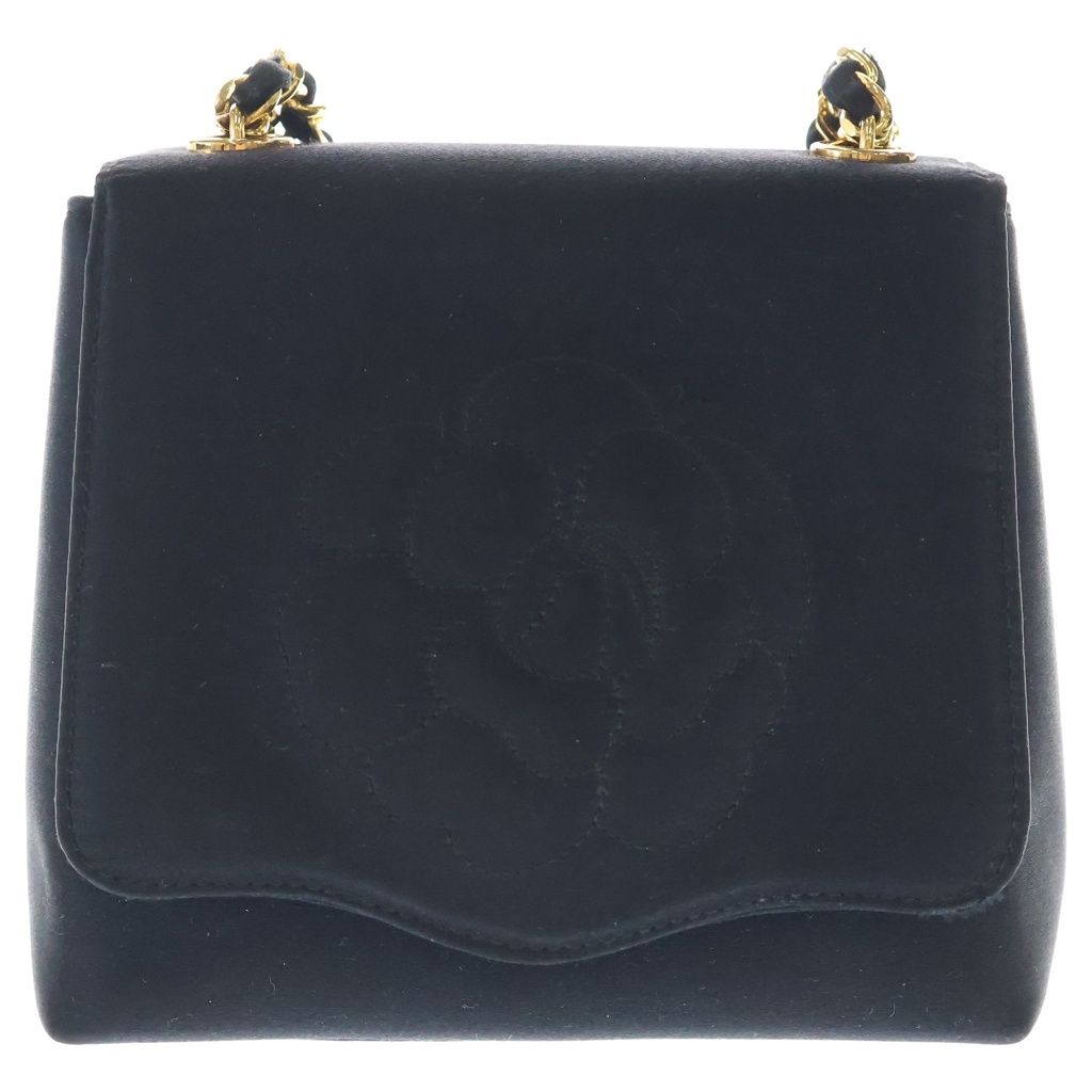 Chanel Camellia Mini Flap 2-Way Chain Shoulder Handbag Black Satin Gold