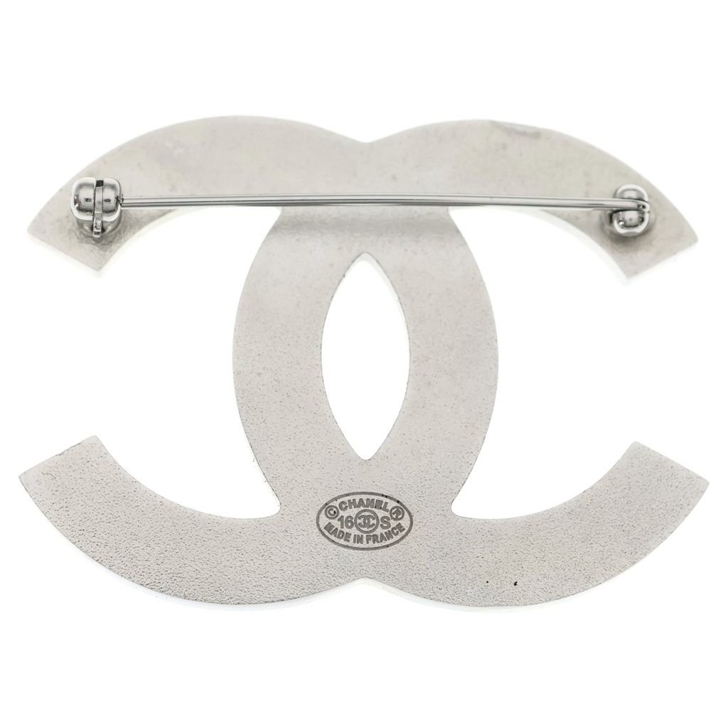 Chanel CC Logo Striped Brooch Pin Badge Silver Brown — view 2