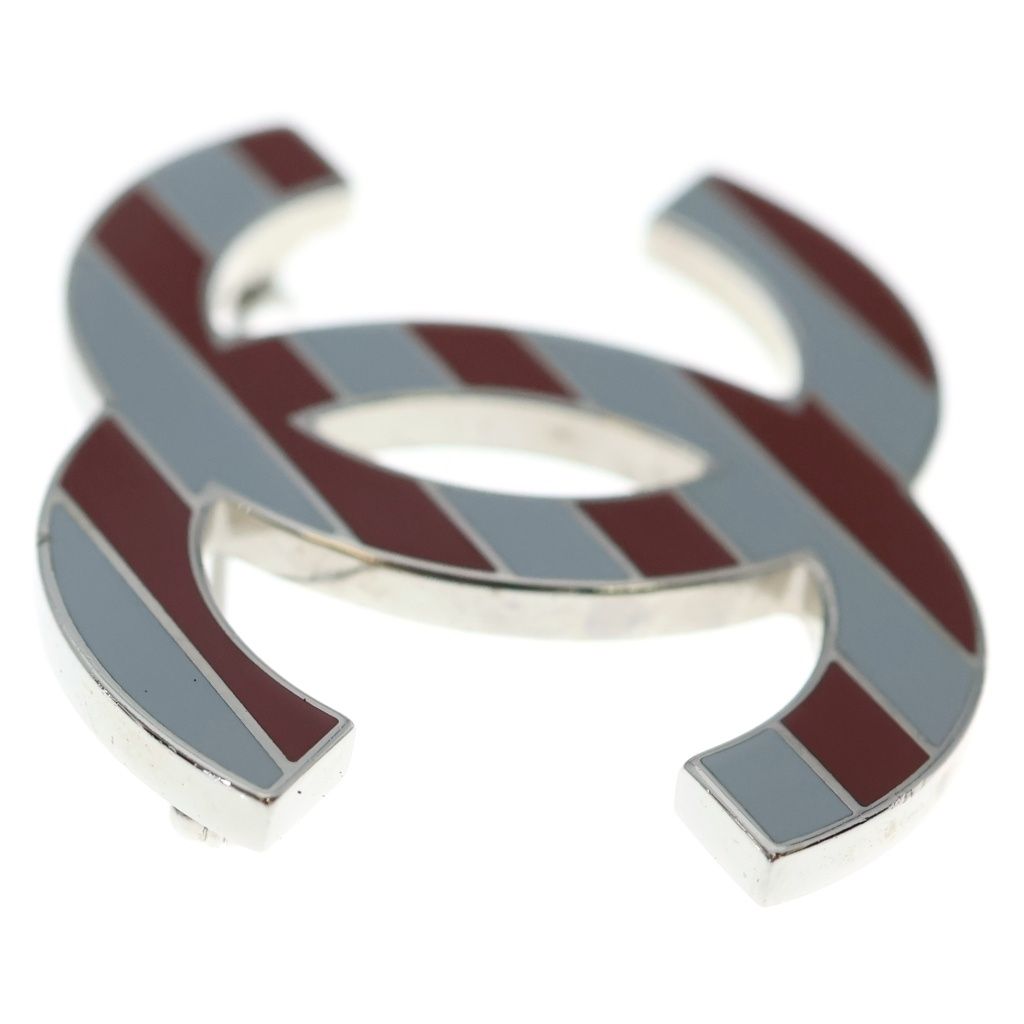 Chanel CC Logo Striped Brooch Pin Badge Silver Brown — view 4
