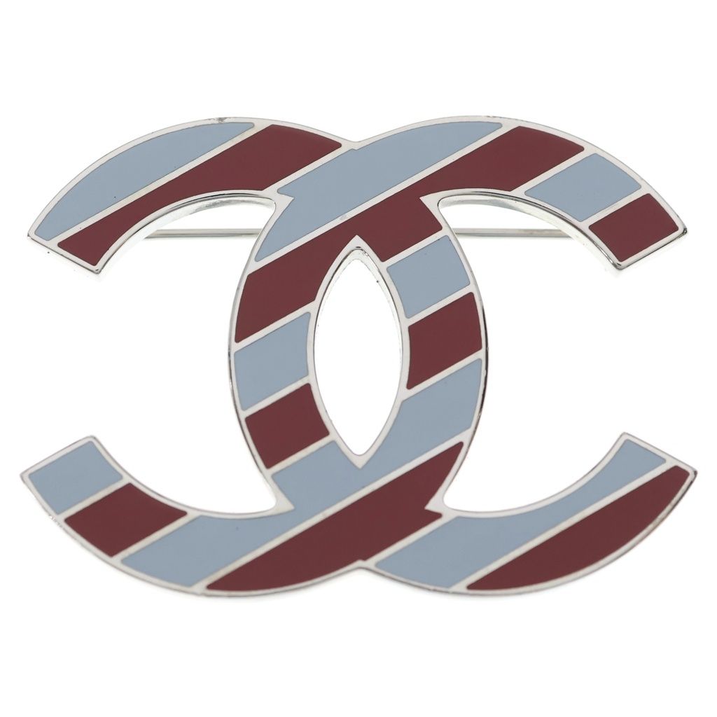 Chanel CC Logo Striped Brooch Pin Badge Silver Brown